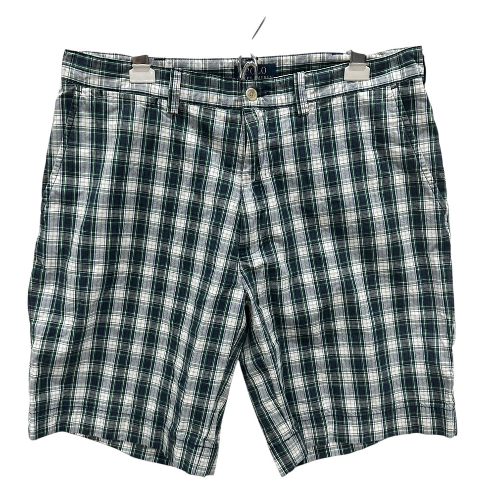 Polo Ralph Lauren Mens Green Navy Blue Plaid Cotton Shorts Size 34 Preppy Plaid